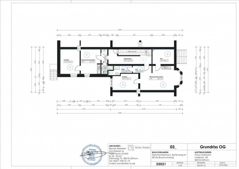 Grundriss 1. OG Whg 1+2 Mehrfamilienhaus Braunschweig